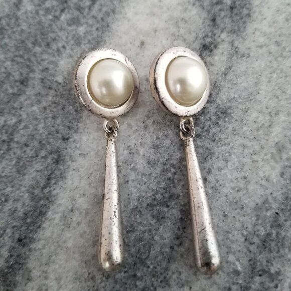 Vintage JS Post Earrings with Long Dangle Drop, Silver Tone, Retro, Estate - Picture 1 of 5